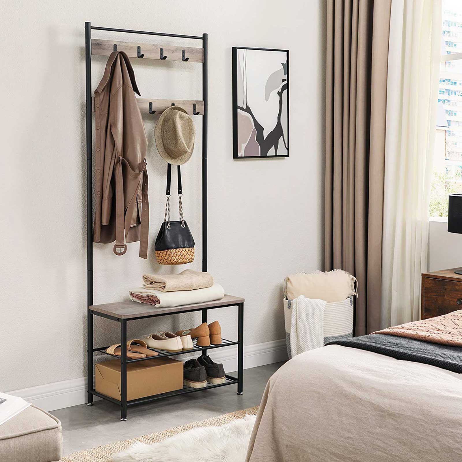 Wieszak na płaszcze z siedziskiem i półkami 70x32x175 cm