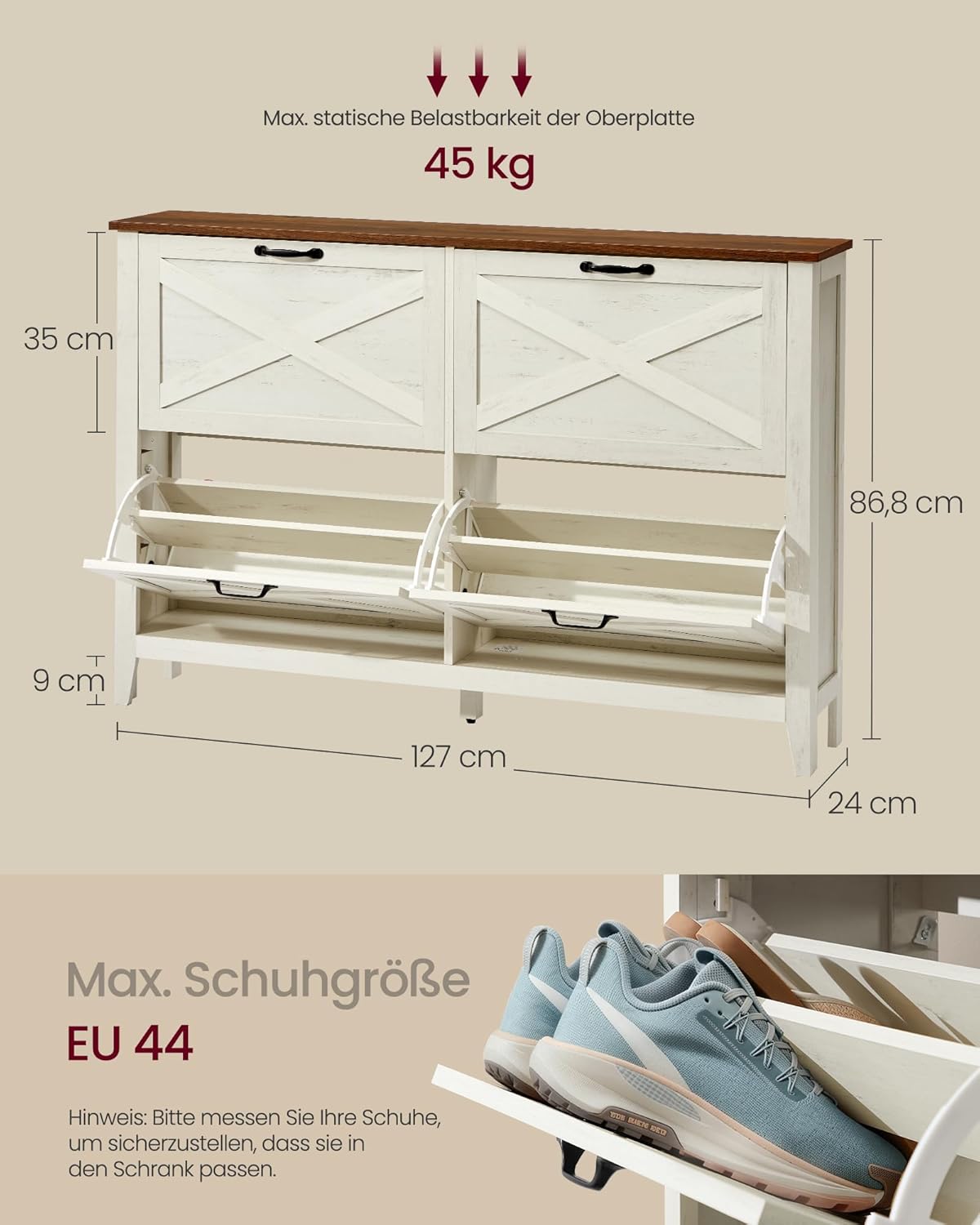 Szafka na buty, rustic white, 127 cm