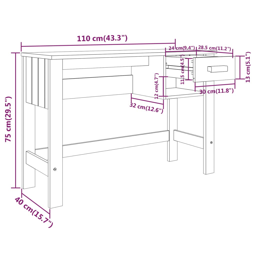 Biurko Hamar, , 110X40X75 Cm, Lite Drewno Sosnowe