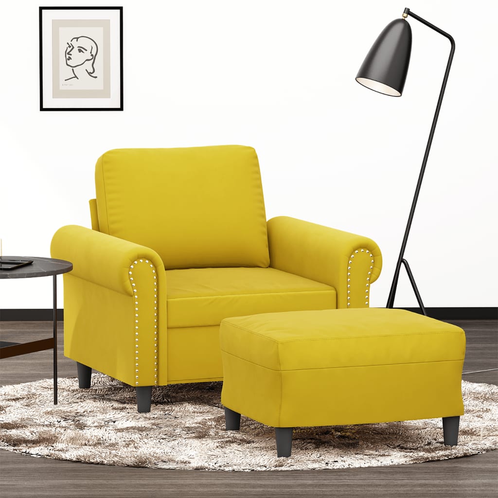 Fotel Z Podnóżkiem, Żółty, 60 Cm, Aksamit