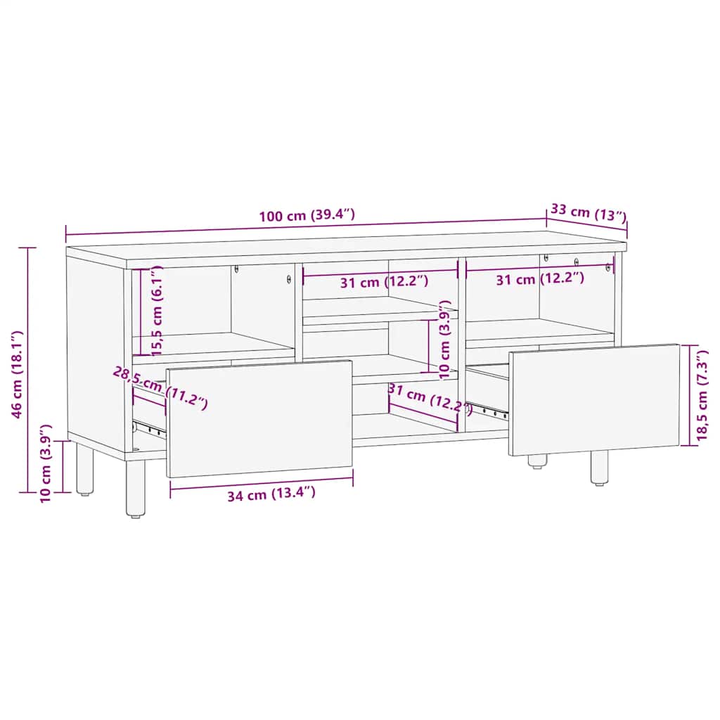 Szafka Rtv Brązowa 100X33X46 Cm Drewno Lite Mango