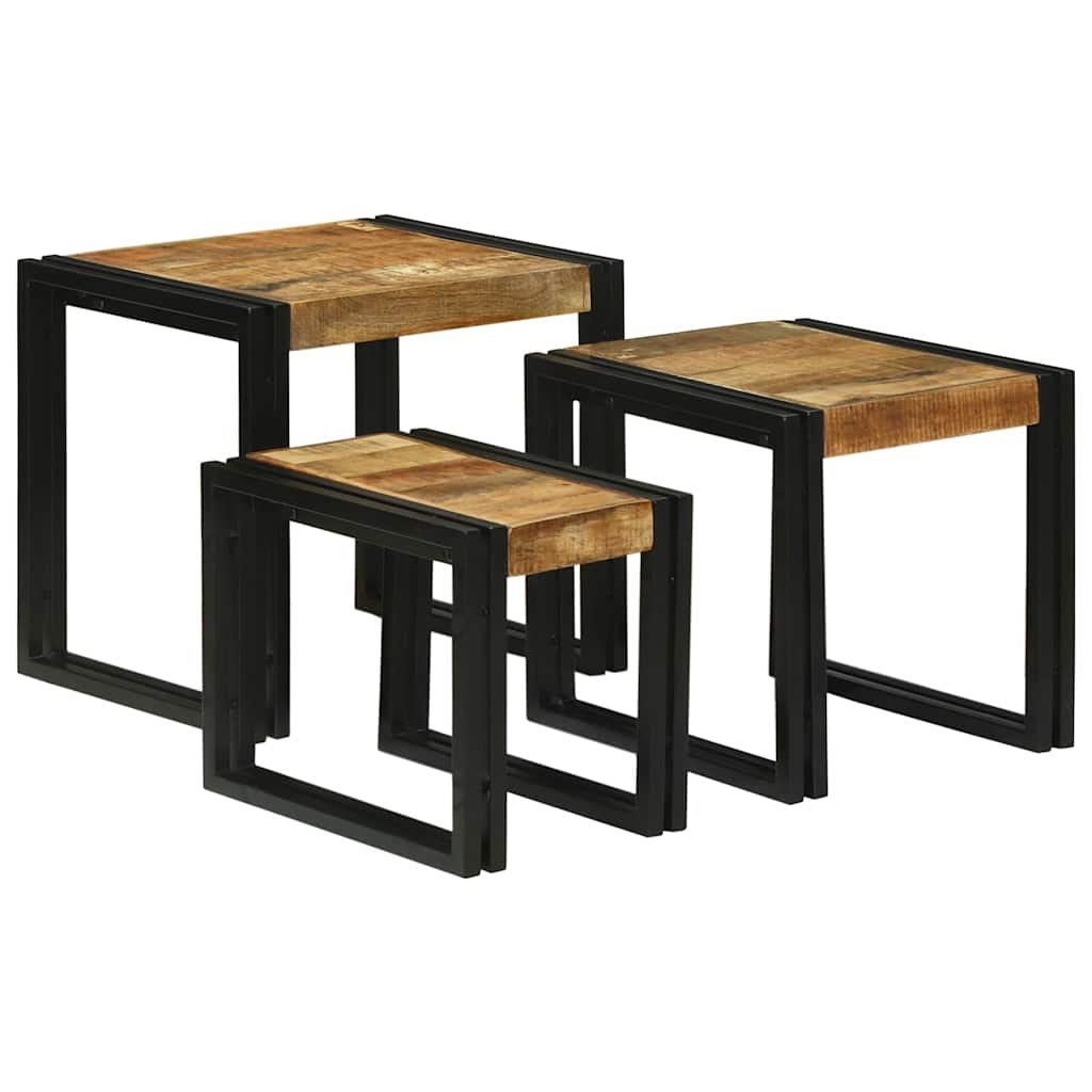 Stolik Nesting 3 Pcs Brązowy I Czarny Lite Drewno Mango I Metal