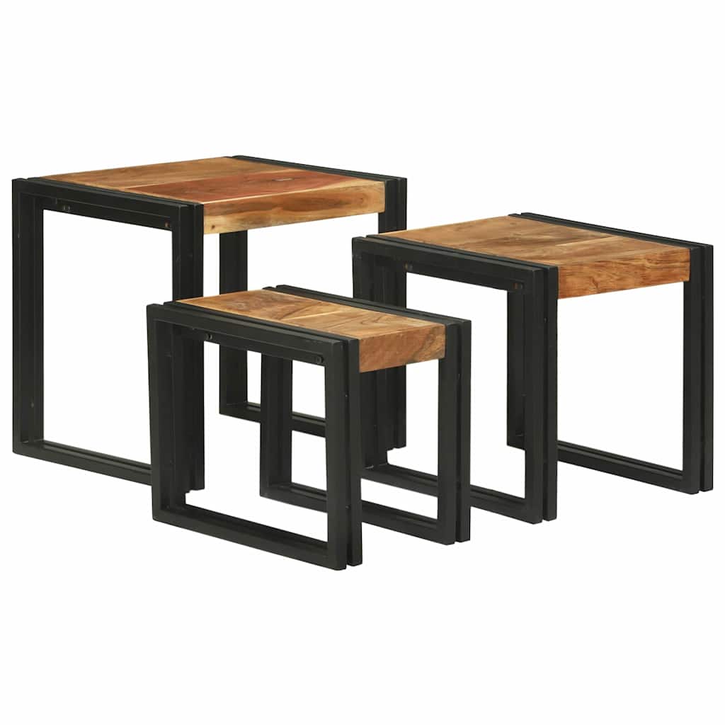 Stolik Nesting 3 Pcs Brązowy I Czarny Lite Drewno Mango I Metal