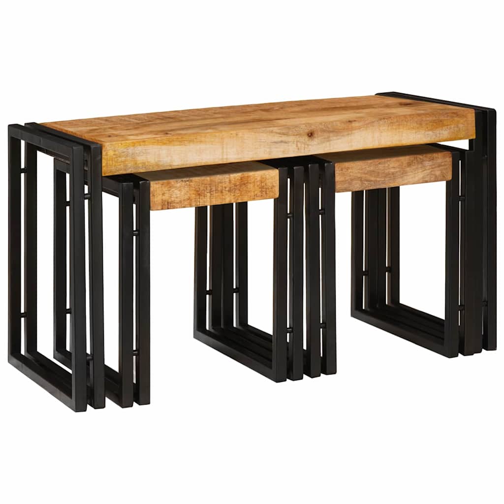 Stolik Nesting 3 Pcs Brązowy I Czarny Lite Drewno Mango I Metal
