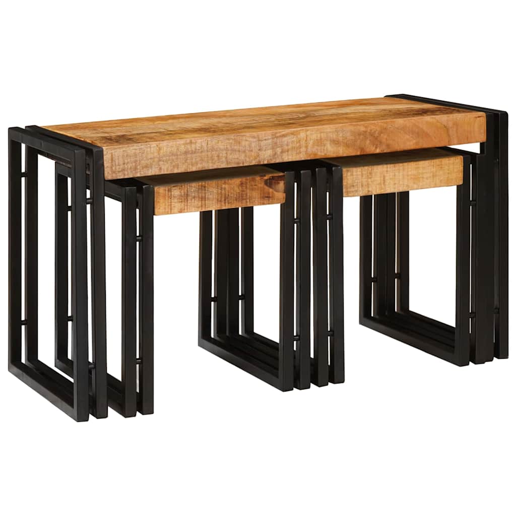 Stolik Nesting 3 Pcs Brązowy I Czarny Lite Drewno Mango I Metal