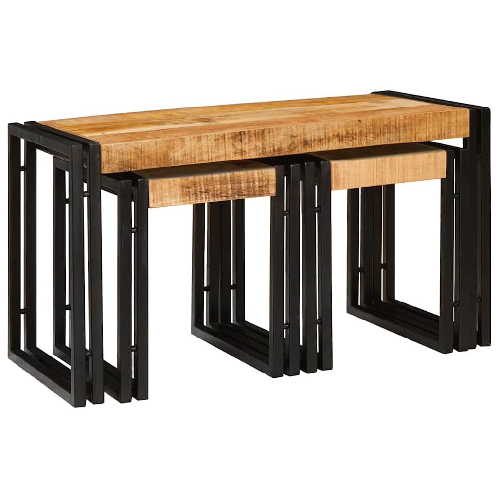 Stolik Nesting 3 Pcs Brązowy I Czarny Lite Drewno Mango I Metal