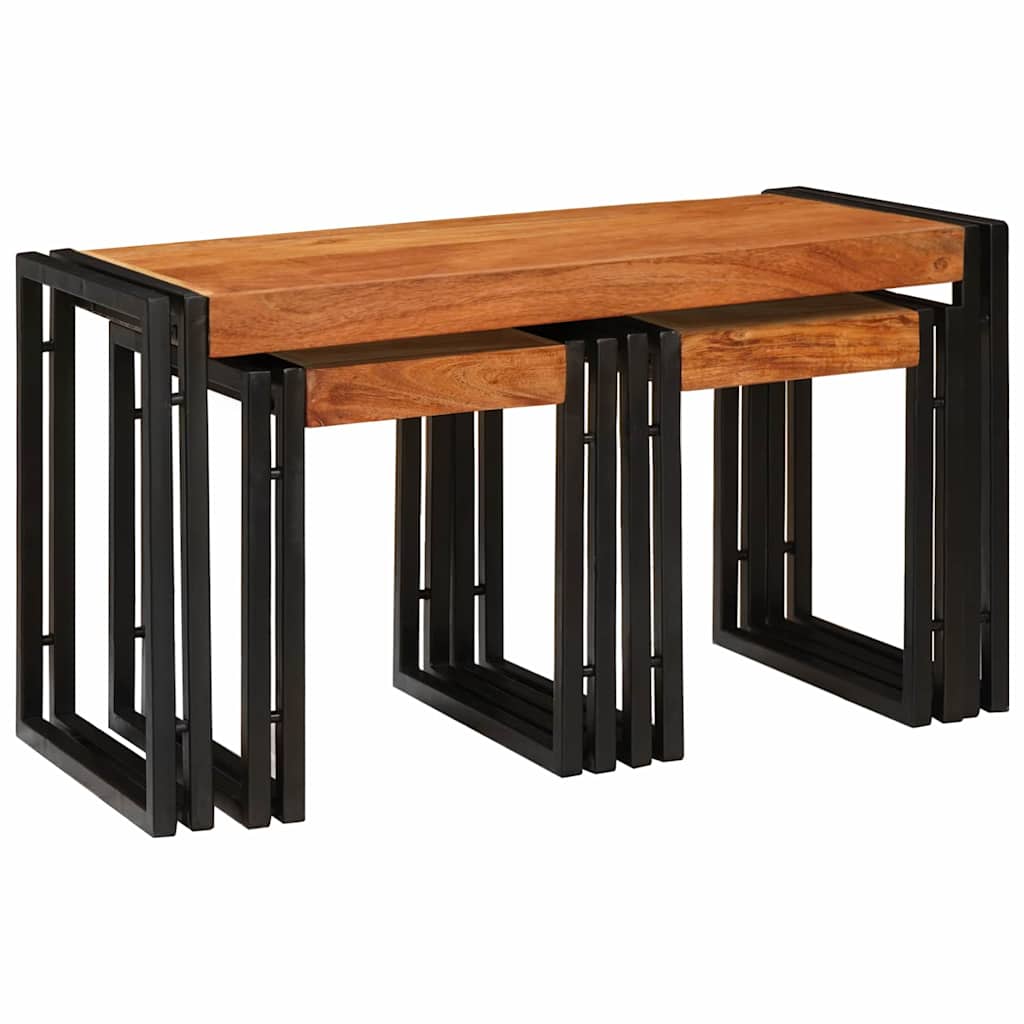 Stolik Nesting 3 Pcs Brązowy I Czarny Lite Drewno Mango I Metal