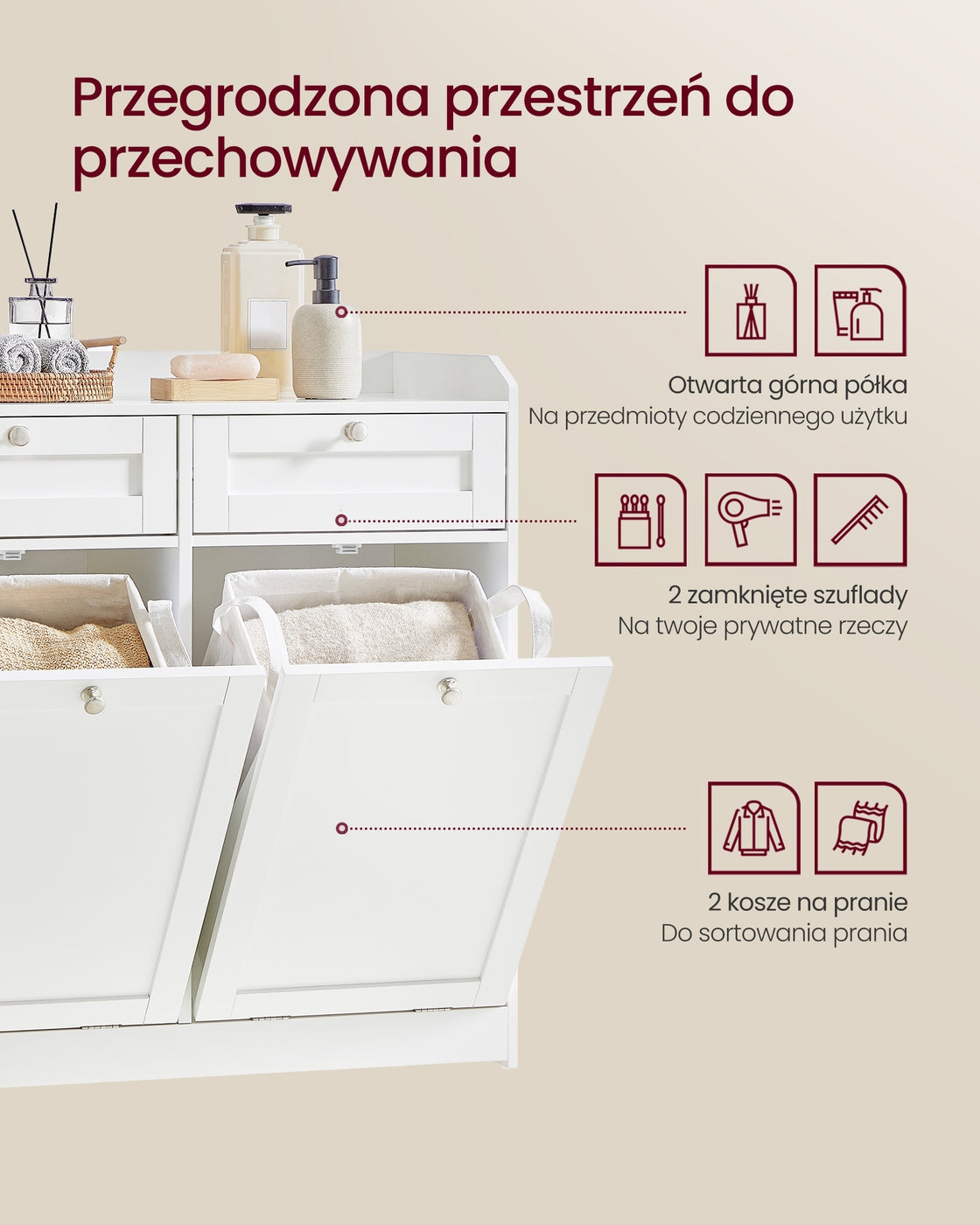 Szafka łazienkowa z koszem na bieliznę i szufladą 40x80 cm