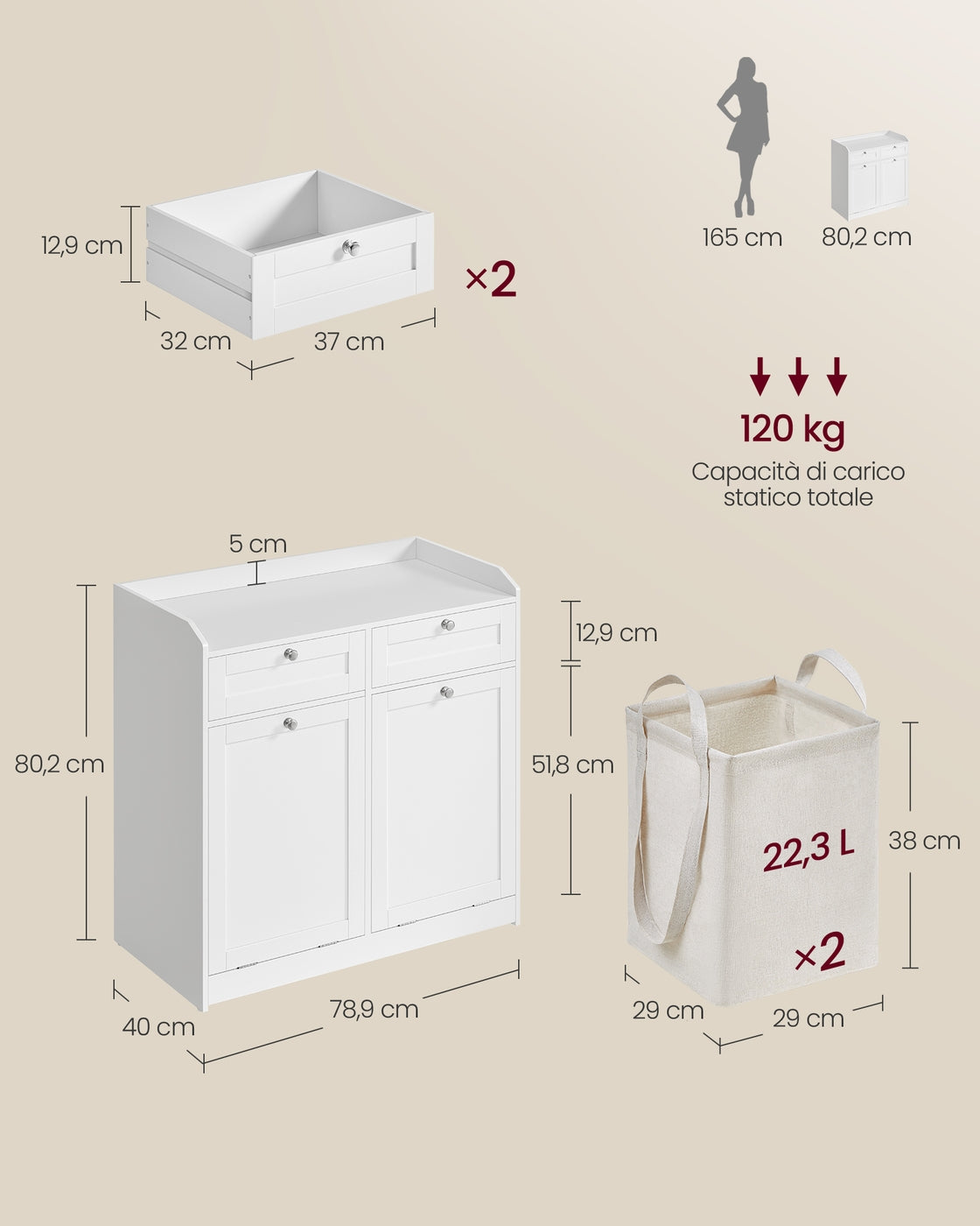 Szafka łazienkowa z koszem na bieliznę i szufladą 40x80 cm