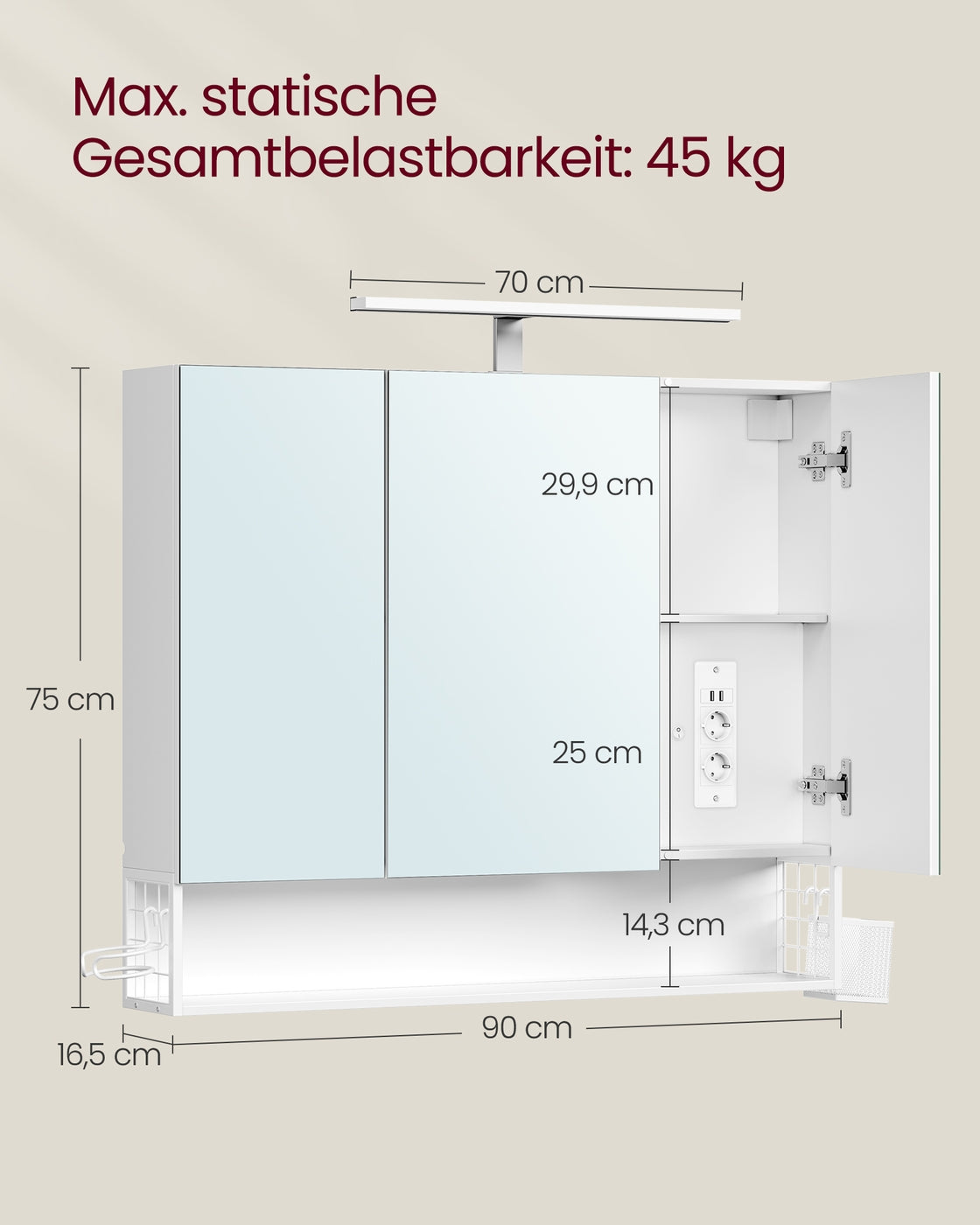 Szafka łazienkowa 3-drzwiowa z lustrem biała 16,5x90x75 cm