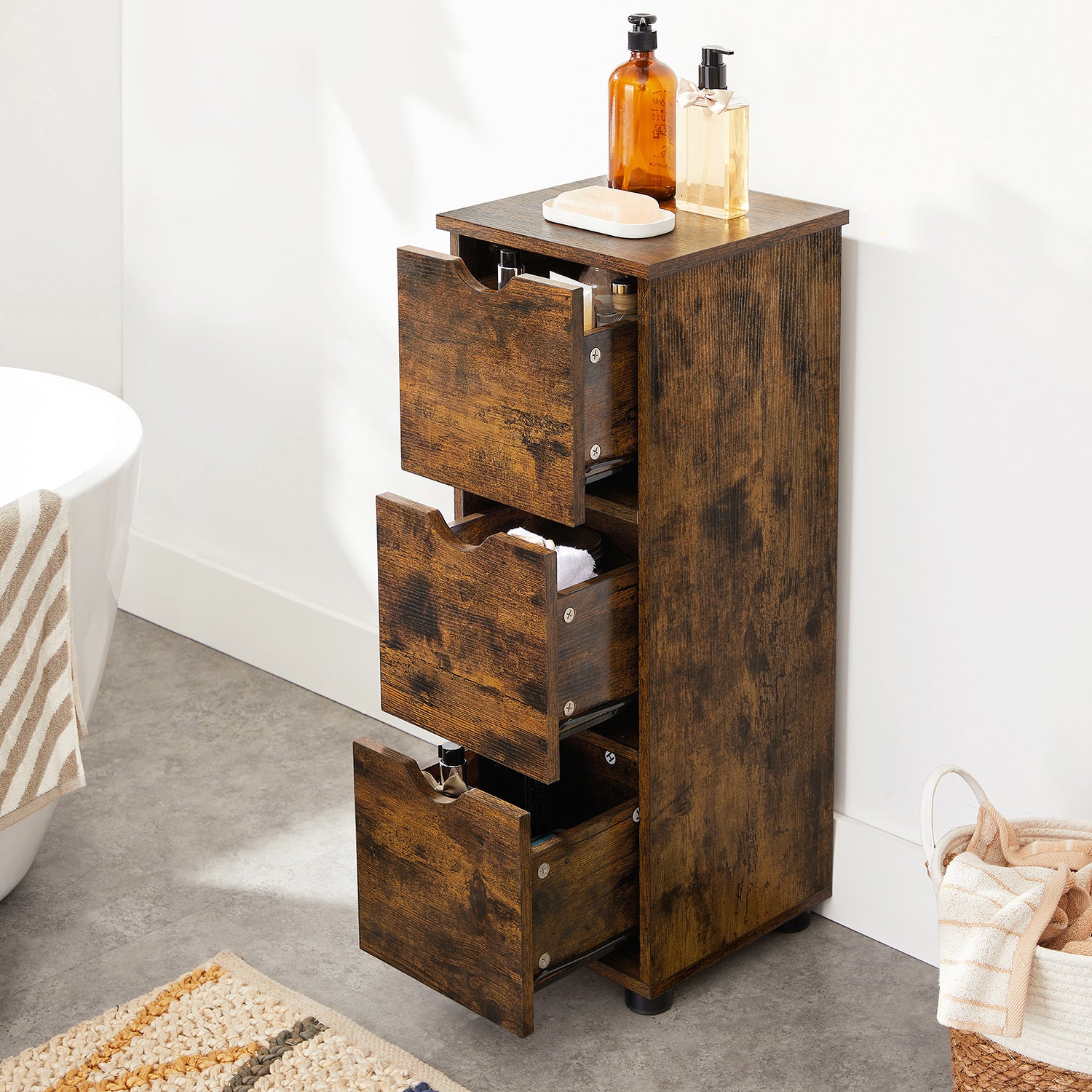 Wąska szafka łazienkowa z 3 szufladami vintage brąz