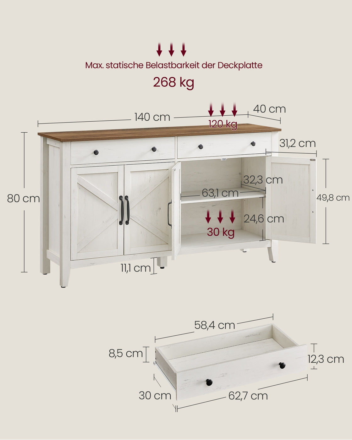 Kredens z szufladami 140x80x40 cm biały i brąz