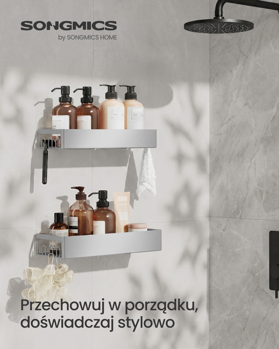 Zestaw 2 półek pod prysznic bez wiercenia szarych