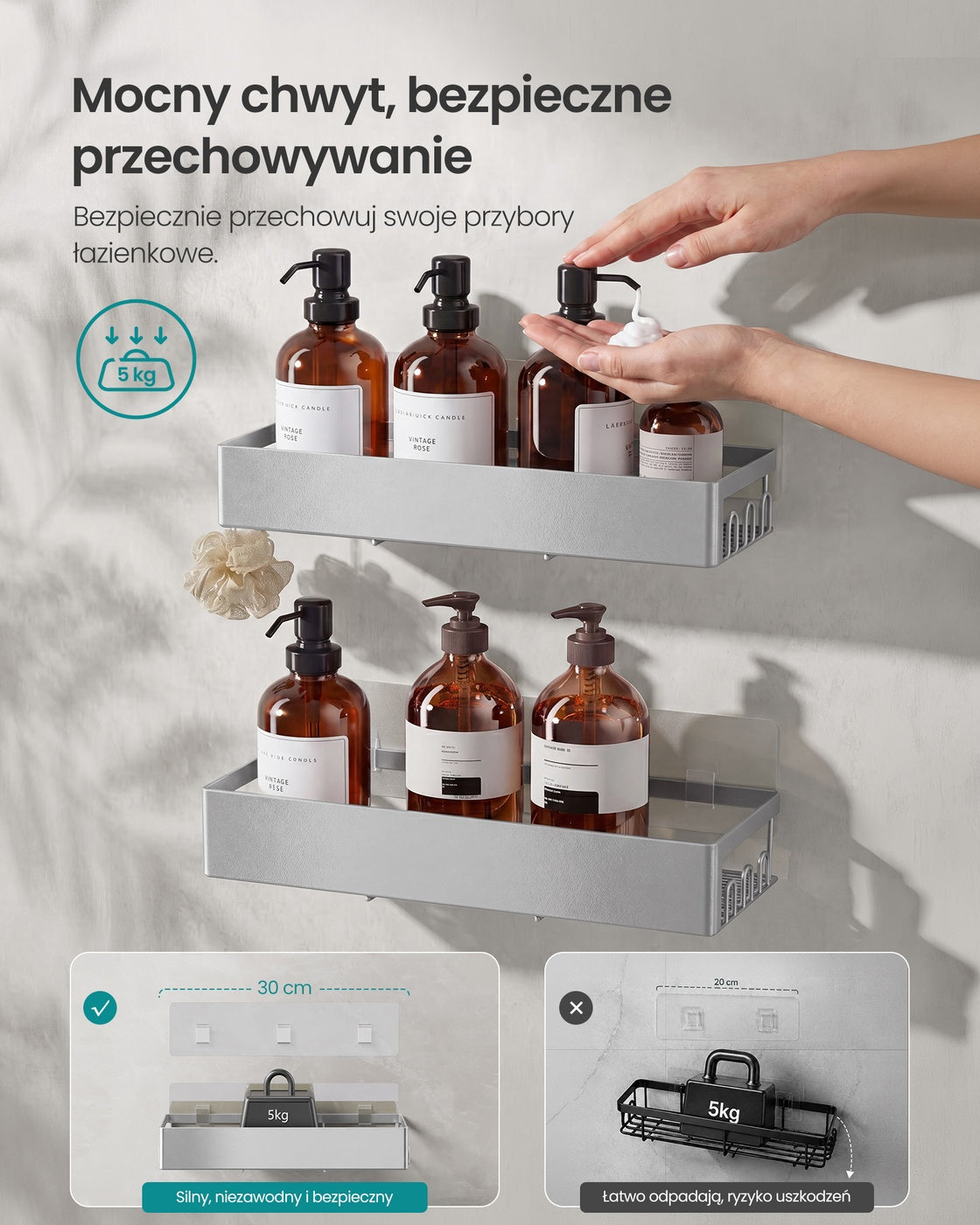 Zestaw 2 półek pod prysznic bez wiercenia szarych