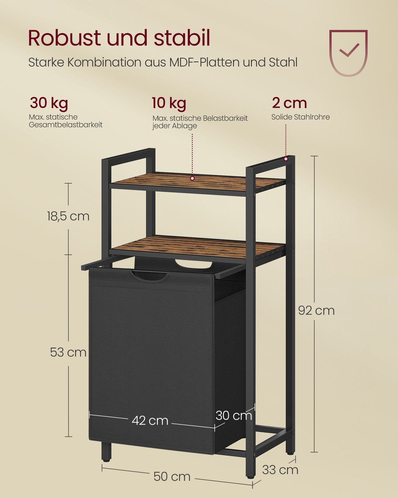 Kosz na pranie 2 półki 65 l vintage brązowo-czarny