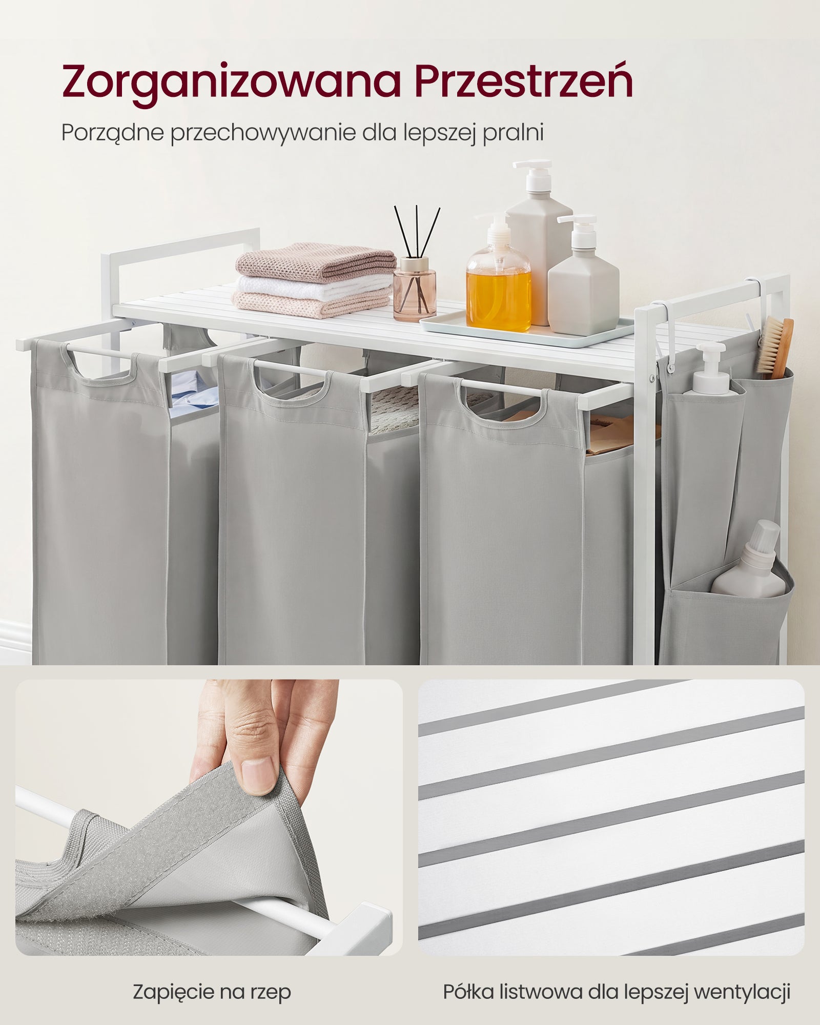 Kosz na pranie 3-komorowy z półką, ciemnoszary