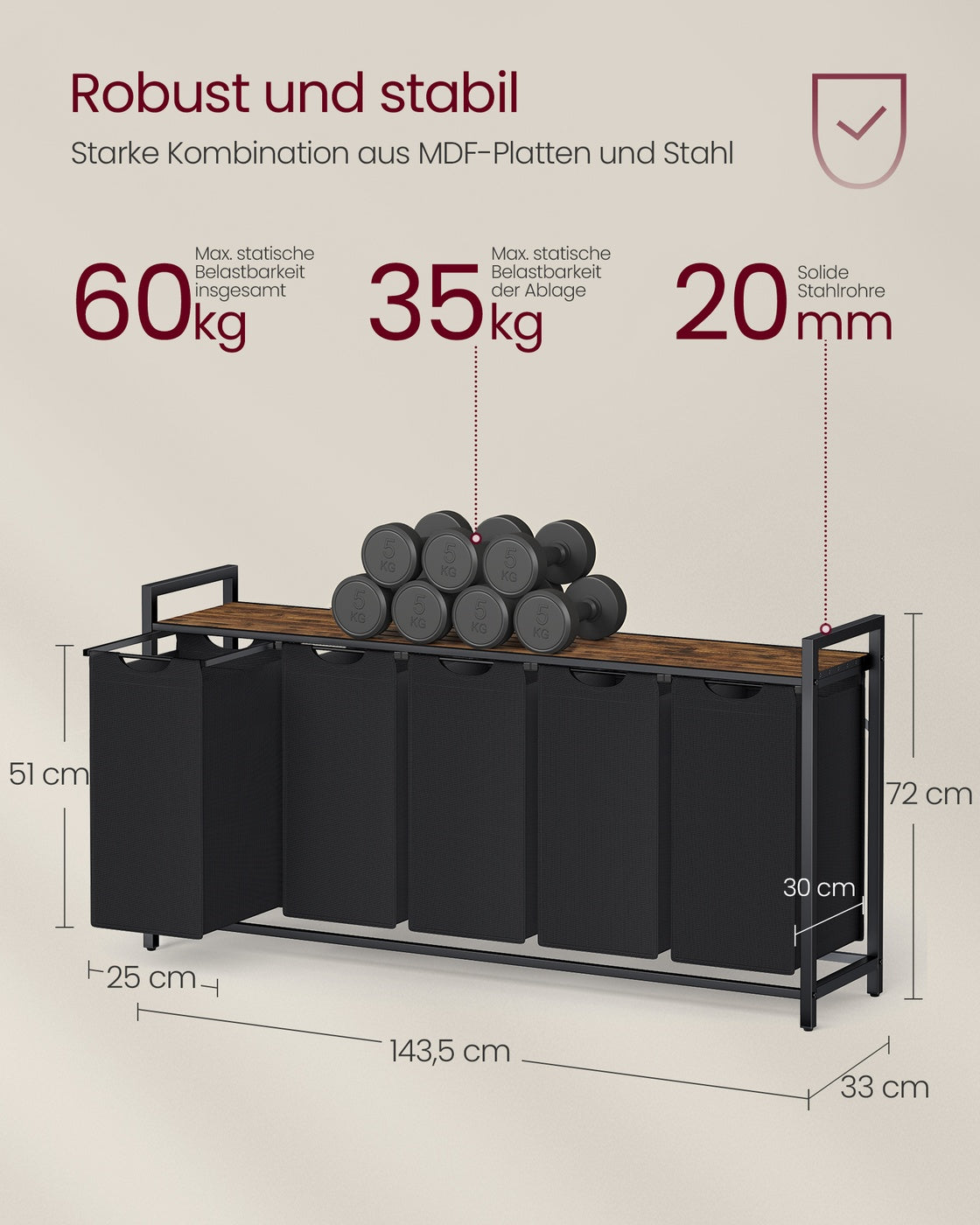 Kosz na pranie 5 przegródek 5×40 l czarny z brązem