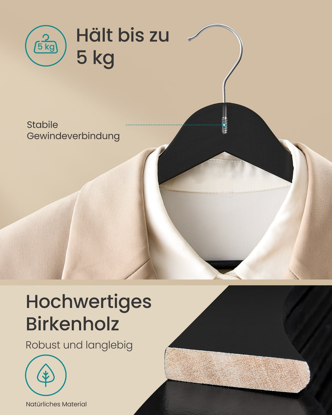 Zestaw 30 czarnych wieszaków drewnianych z hakiem 360°