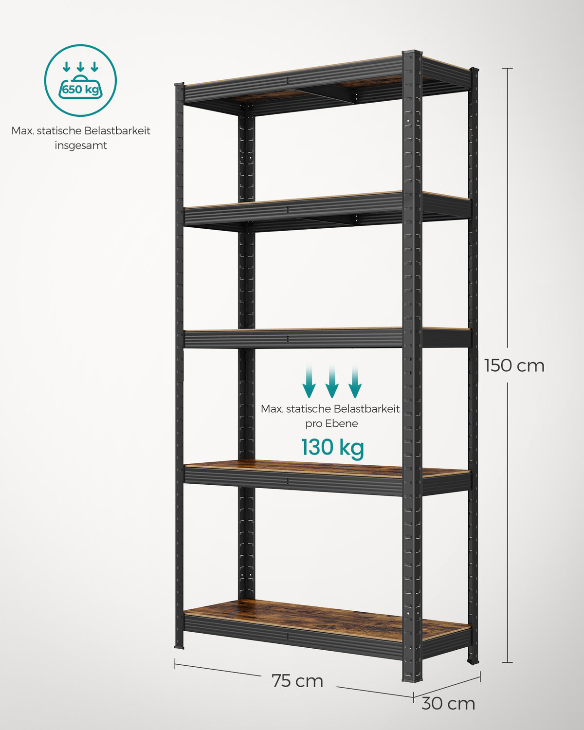 Metalowa półka stojąca 5 poziomów, nośność do 650 kg