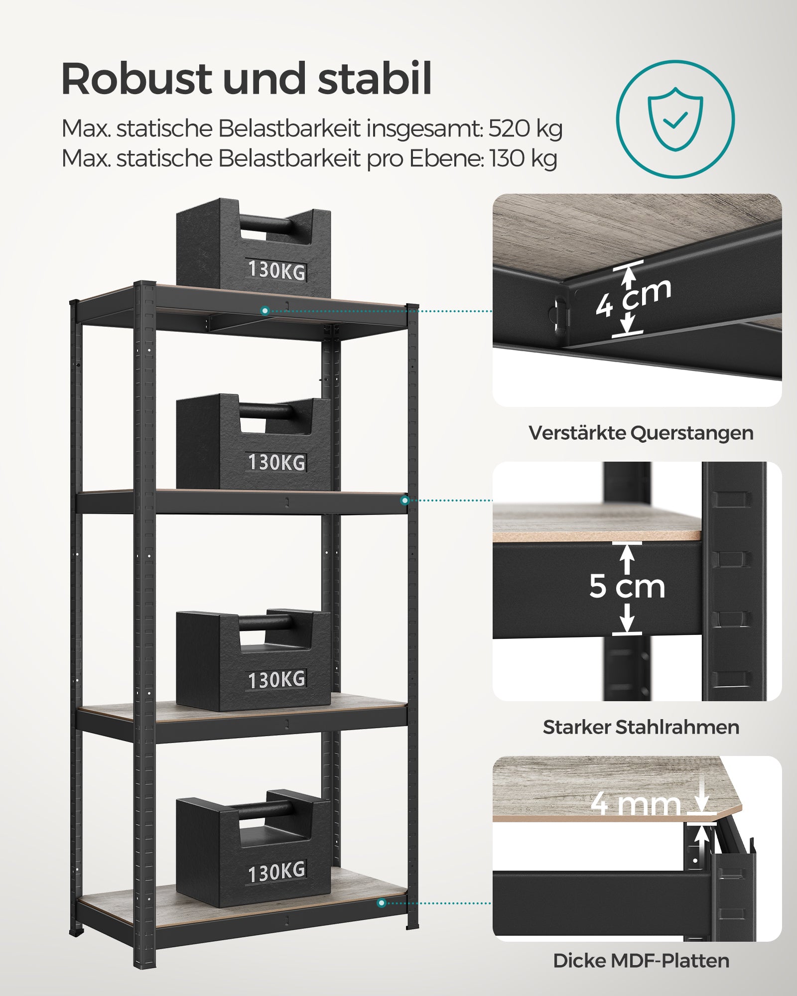Metalowa półka stojąca 40x80x160 cm z 4 regulowanymi półkami