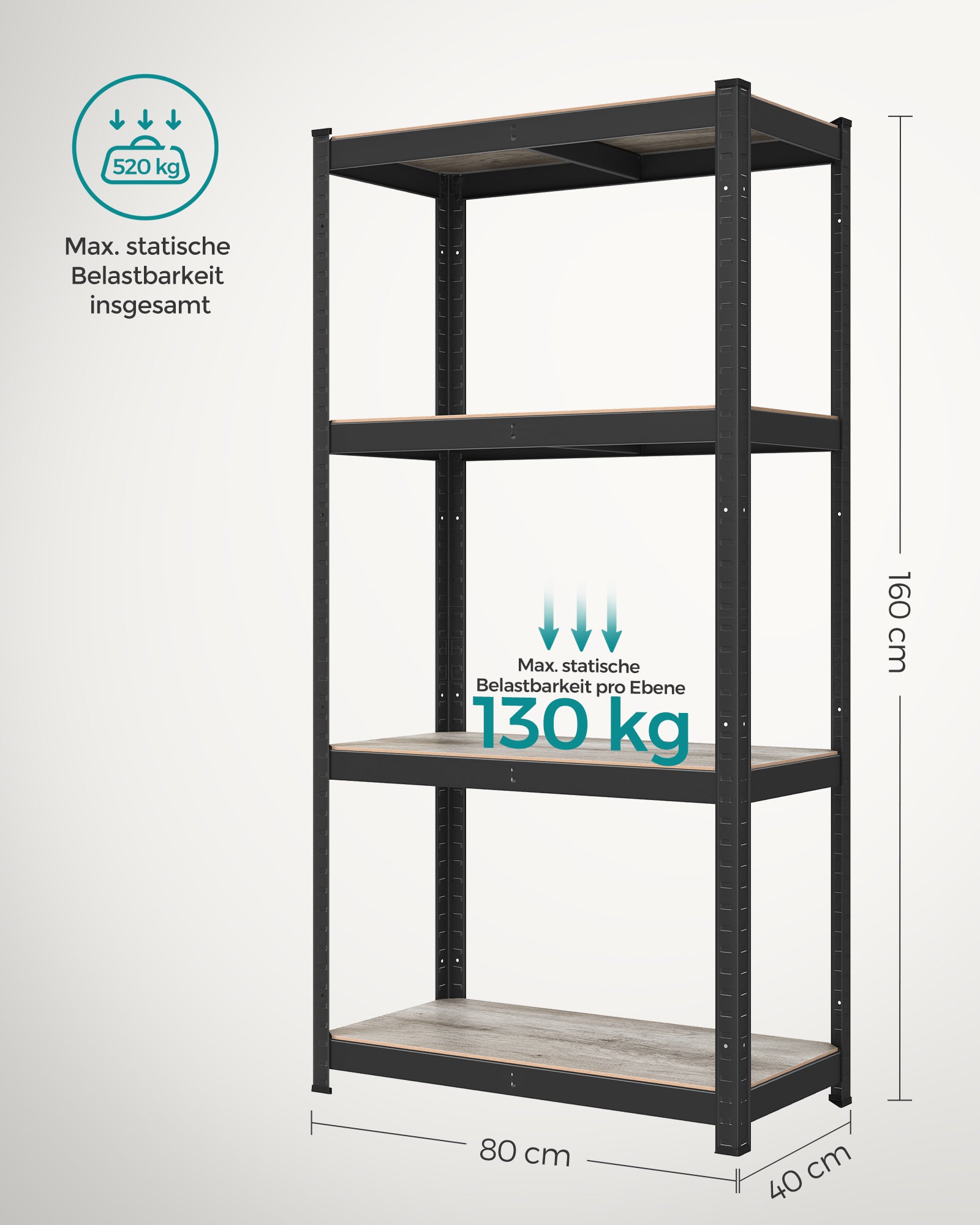 Metalowa półka stojąca 40x80x160 cm z 4 regulowanymi półkami