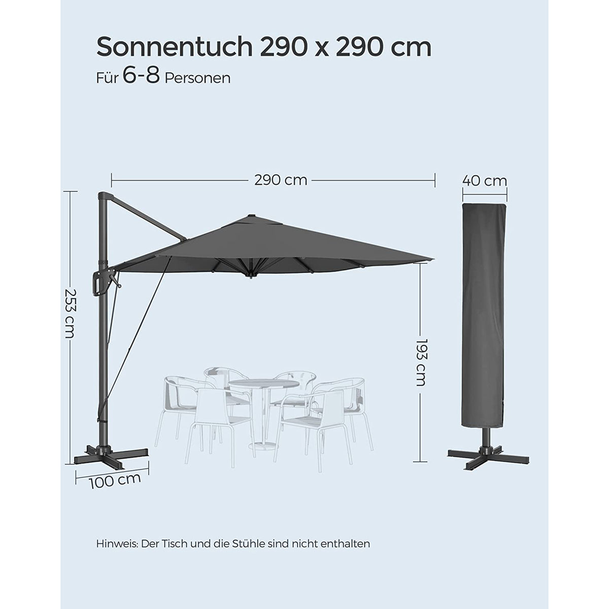 Kwadratowy parasol ogrodowy 290×290 cm szary