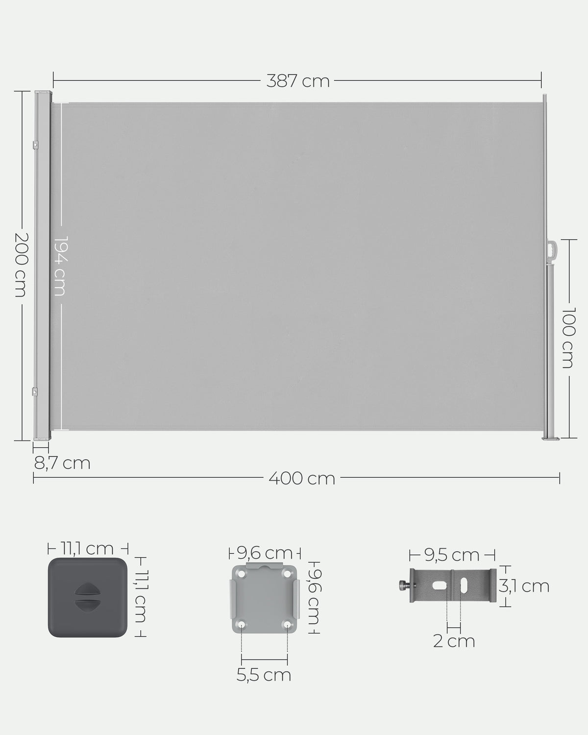 Markiza boczna przyciemniająca 200x400 cm szara