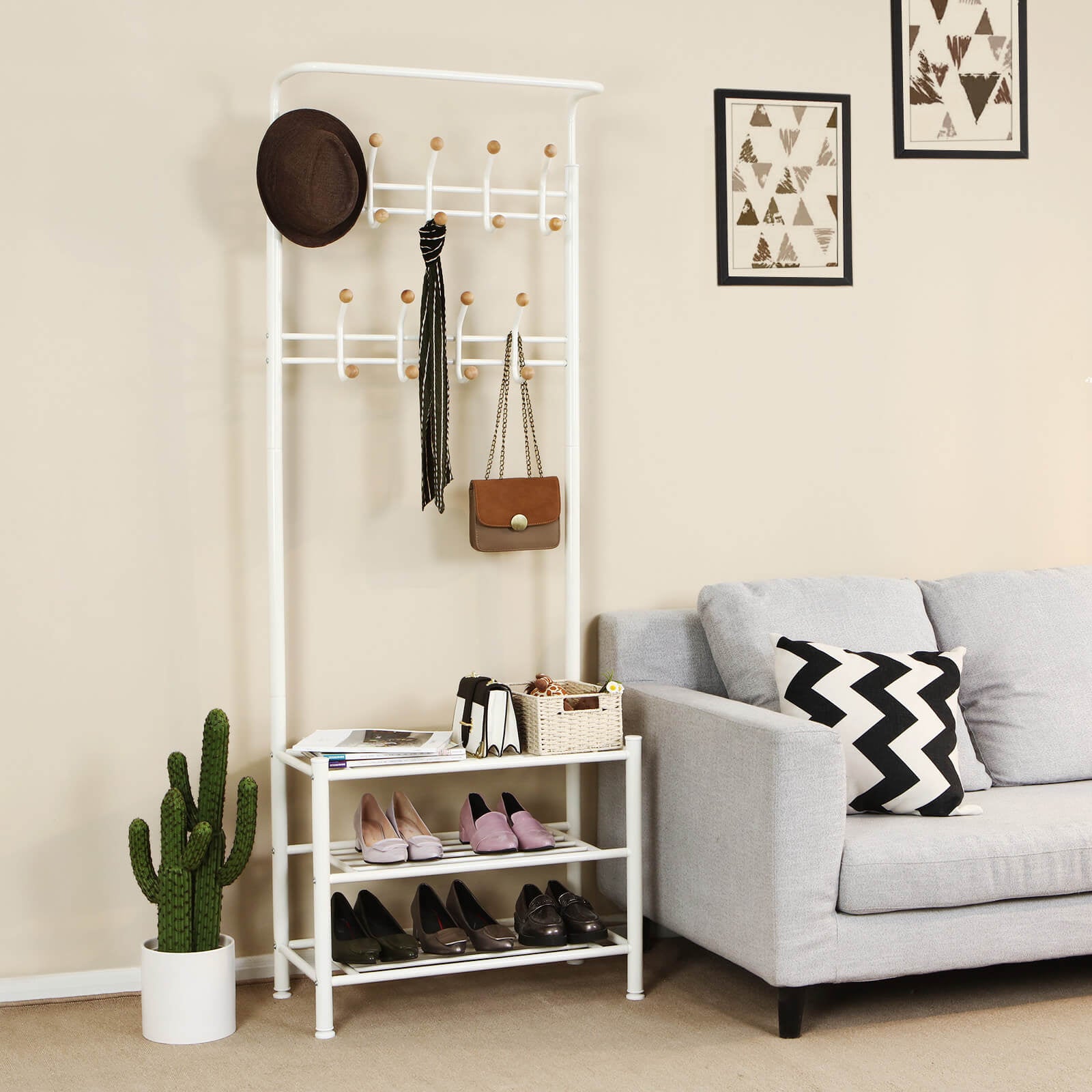 Wieszak z ławką do przedpokoju, natural beige, 68,5 cm