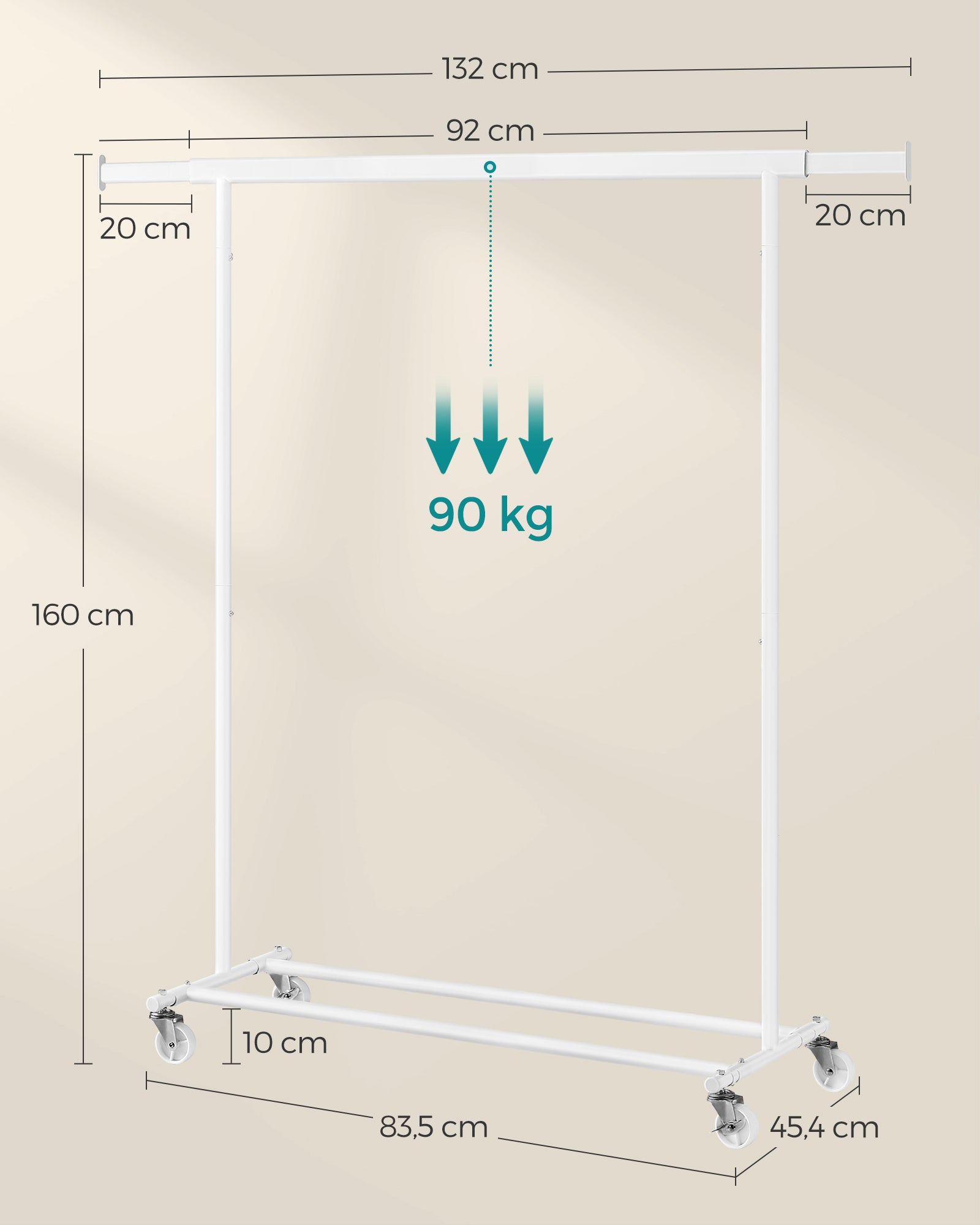 Biały wieszak na ubrania na kółkach 90 kg
