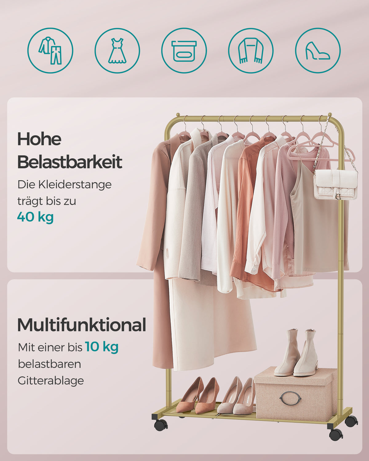 Mobilny wieszak na ubrania ze złotą półką 91 cm