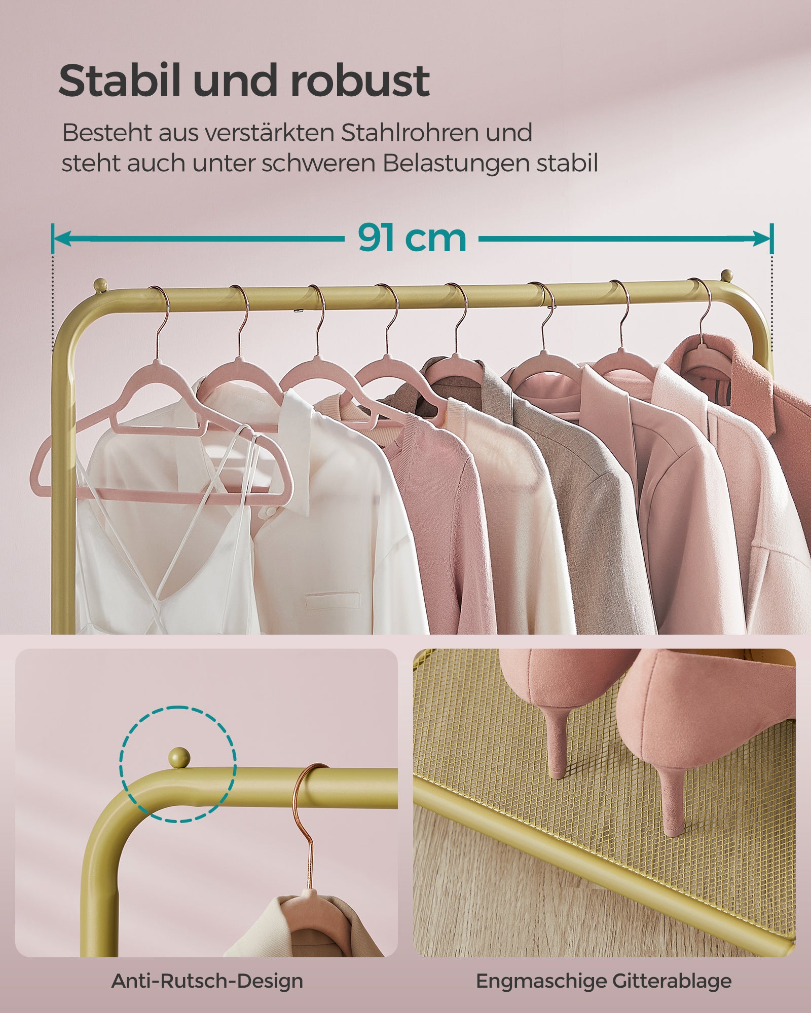 Mobilny wieszak na ubrania ze złotą półką 91 cm
