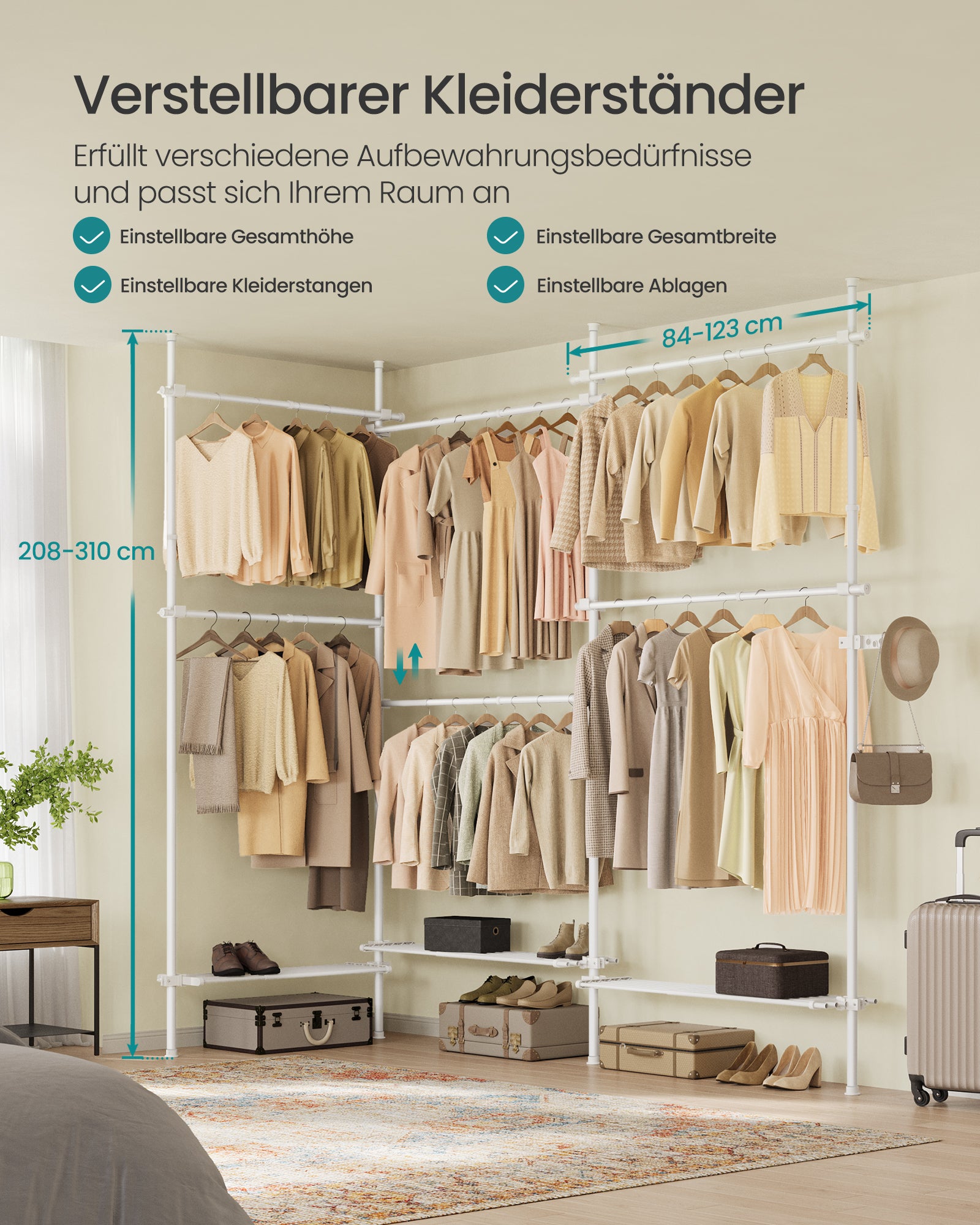 Teleskopowy wieszak garderobiany 3 poziomy, 6 drążków, biały