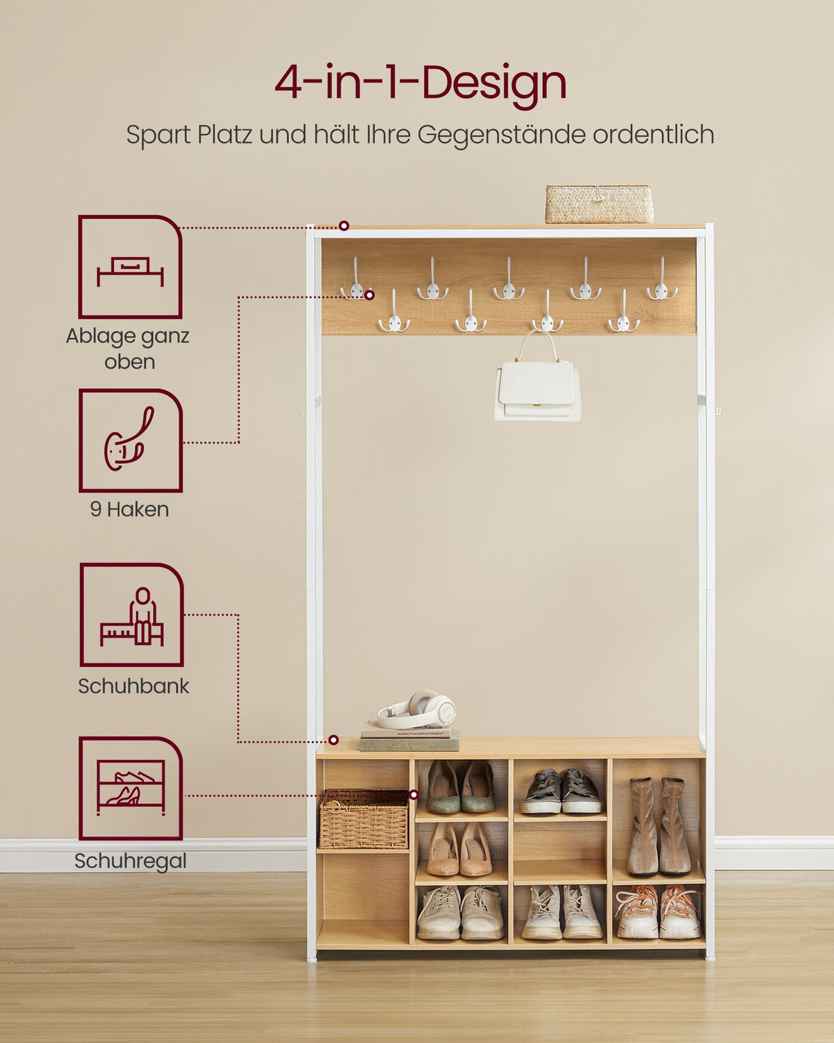 Wieszak z półką na buty i siedziskiem 180 cm