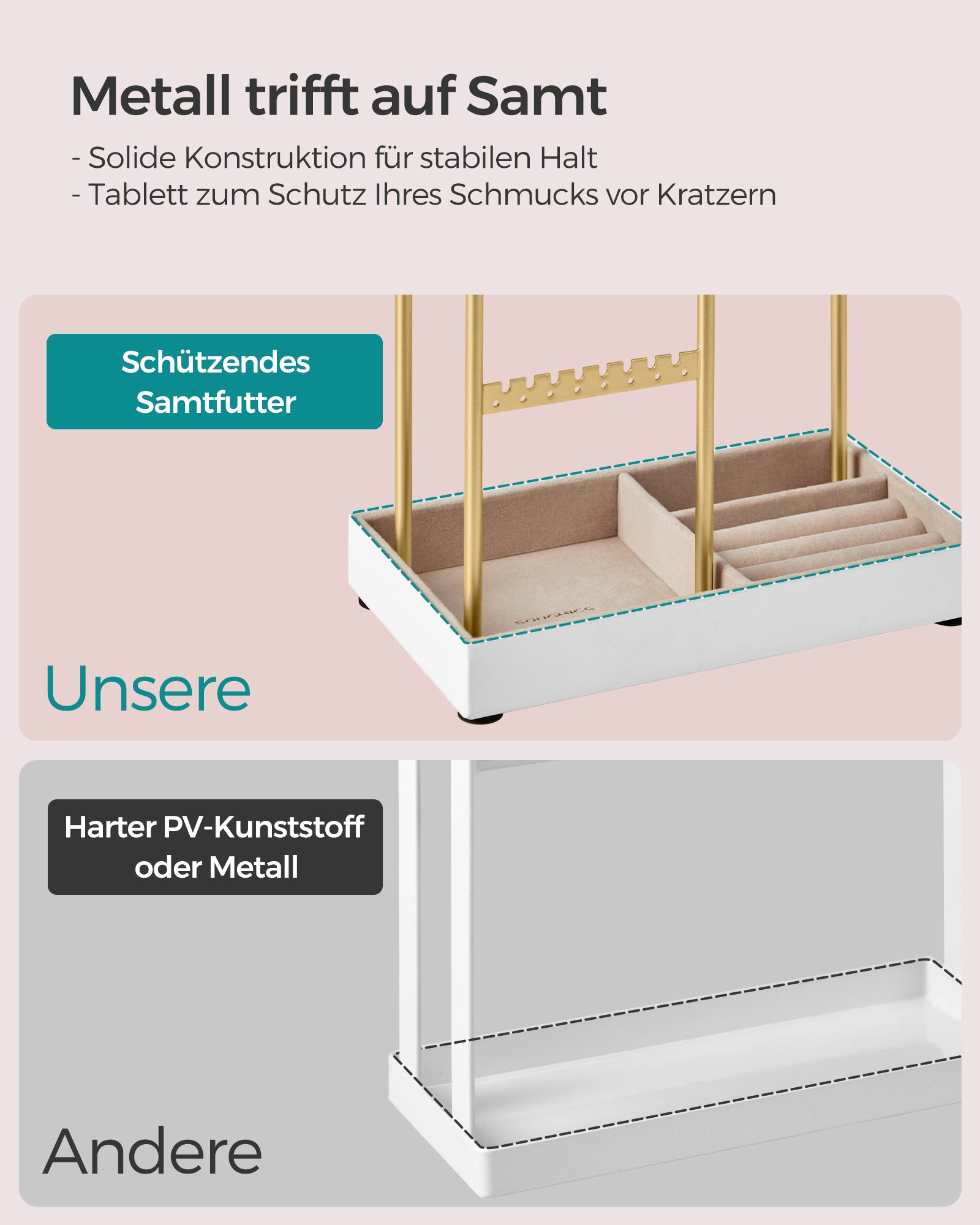 Stojak na biżuterię z metalową ramą i aksamitną tacą