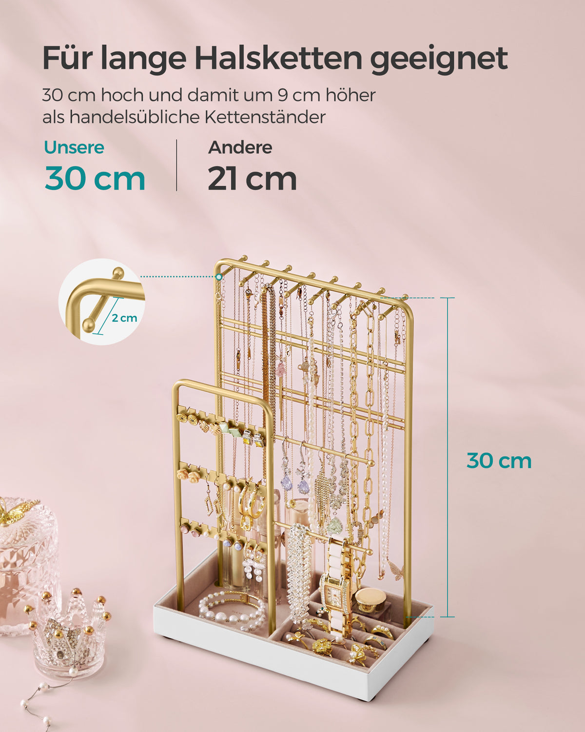 Stojak na biżuterię z metalową ramą i aksamitną tacą