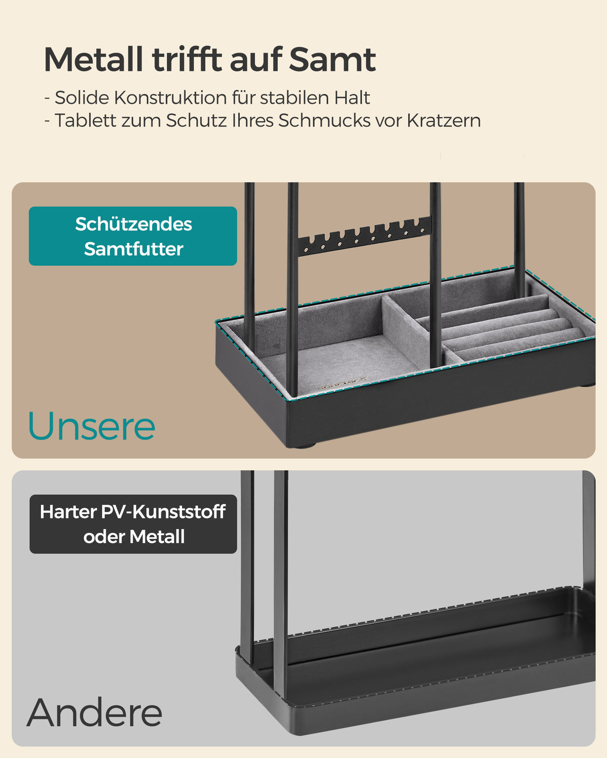 Stojak na biżuterię z czarną metalową ramą