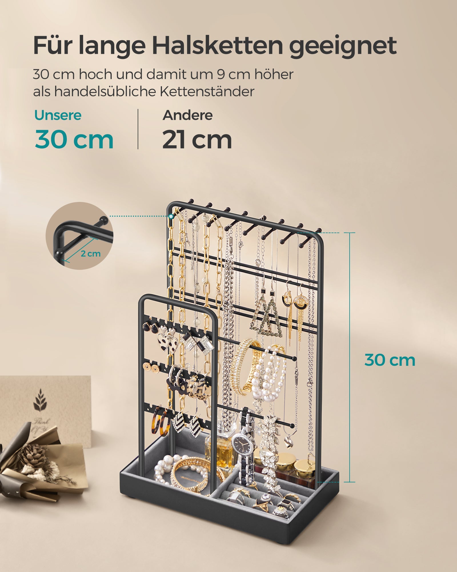 Stojak na biżuterię z czarną metalową ramą