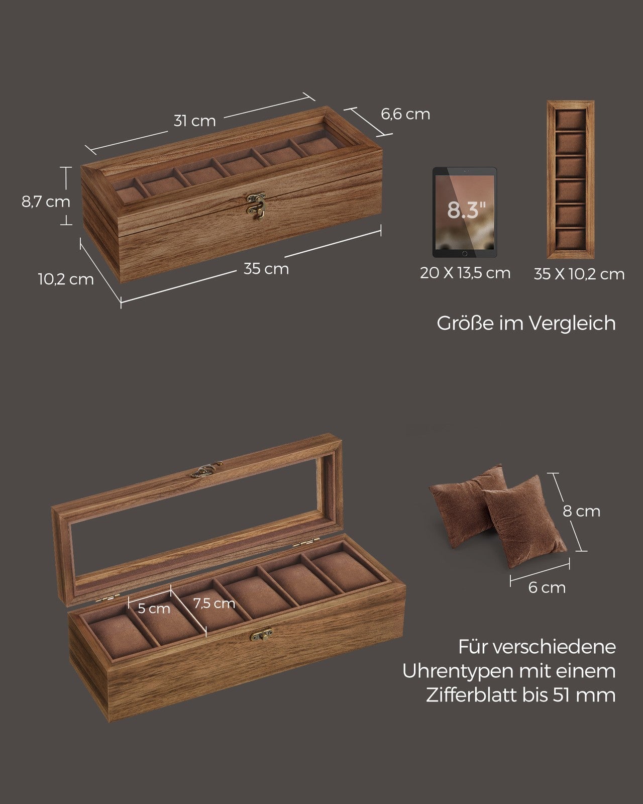 Drewniane pudełko na zegarki 6 przegródek orzech