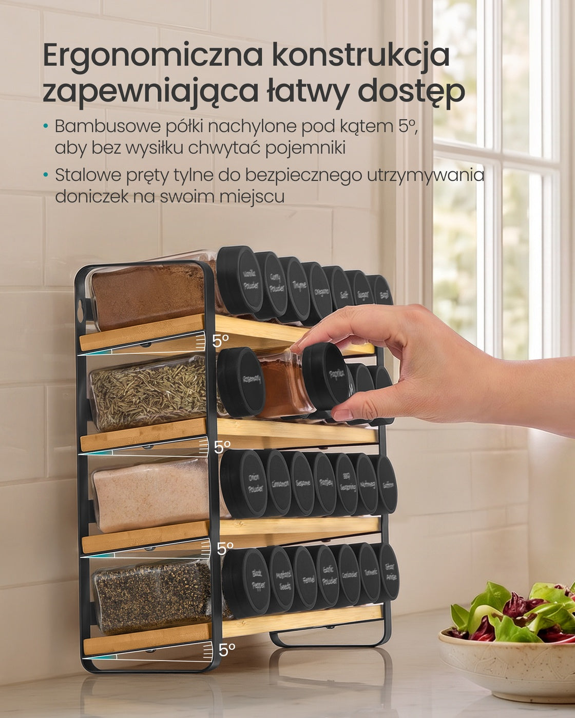 Stojak na przyprawy 4 poziomy z 28 słoikami bambusowymi