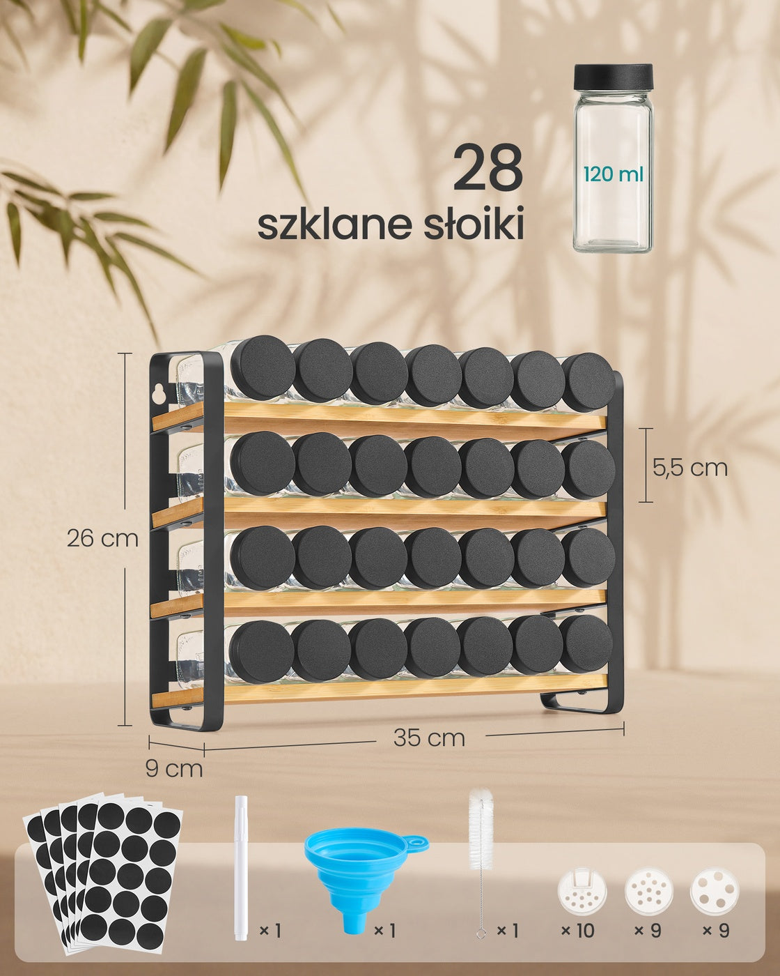Stojak na przyprawy 4 poziomy z 28 słoikami bambusowymi