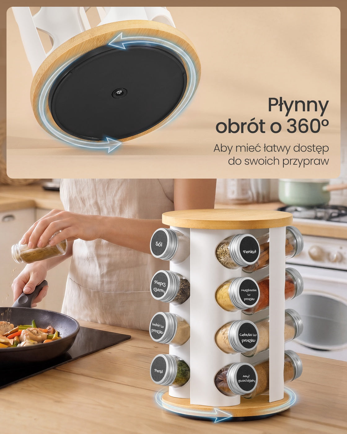 Obrotowy stojak kuchenny na przyprawy z 16 słoiczkami