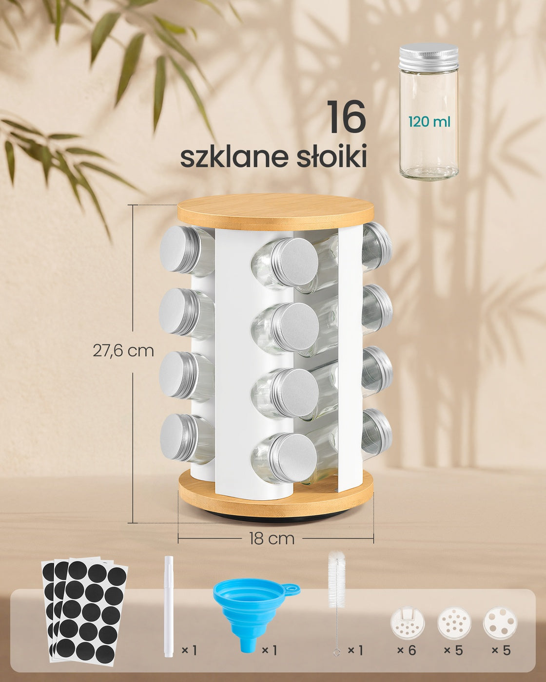 Obrotowy stojak kuchenny na przyprawy z 16 słoiczkami