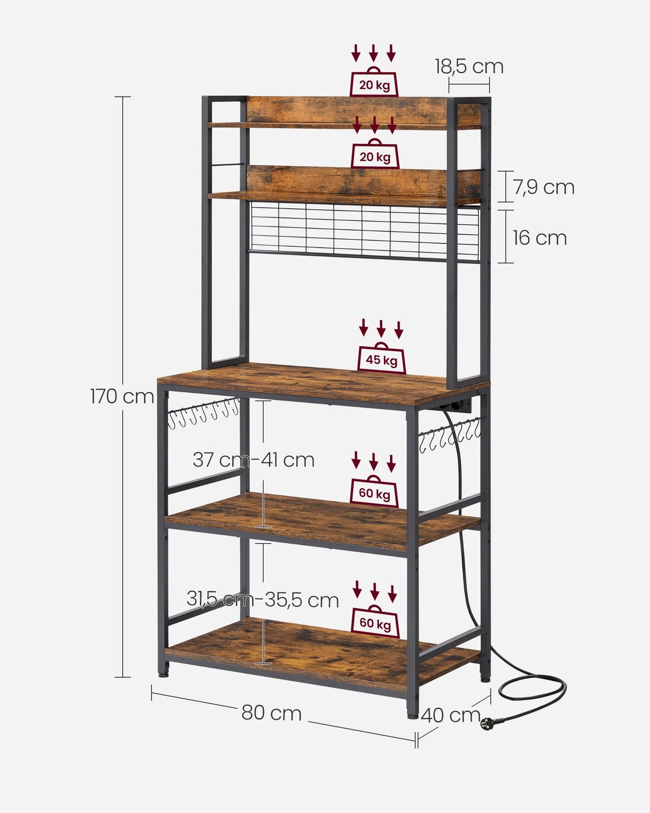 Półka kuchenna z haczykami i blatem siatkowym 40x80x170 cm