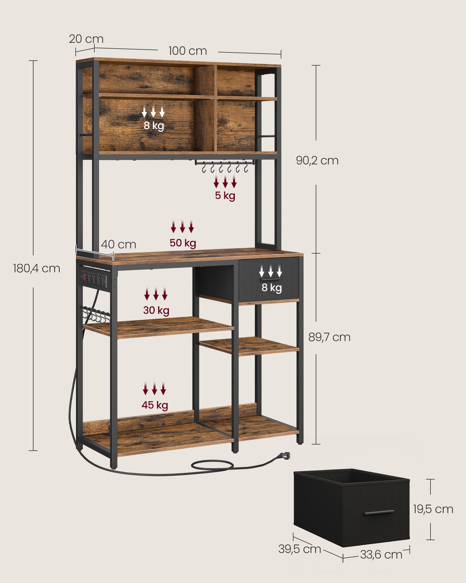 Półka kuchenna 40x100x180 cm z gniazdkami czarno-brązowa
