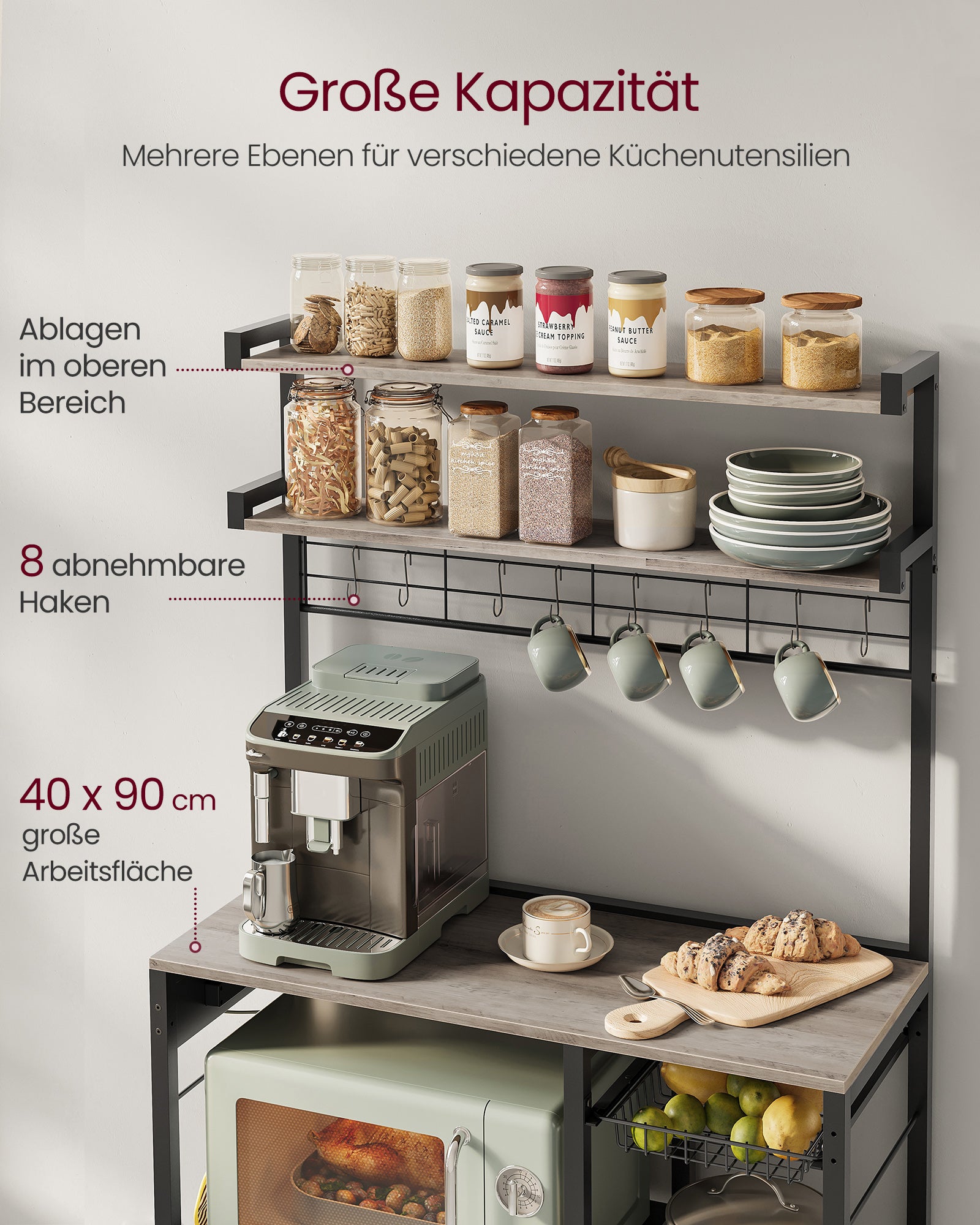 Szara półka kuchenna stojąca z haczykami i koszem