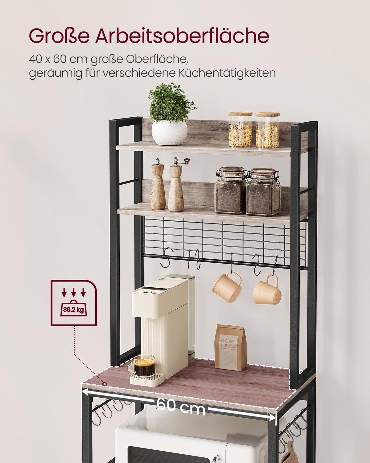 Stojąca półka kuchenna 6 półek z 14 haczykami szaro-czarna