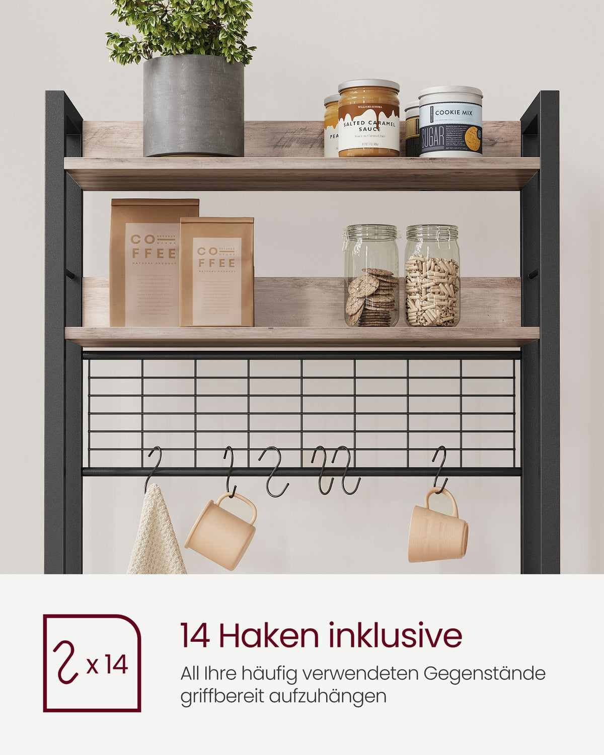 Stojąca półka kuchenna 6 półek z 14 haczykami szaro-czarna