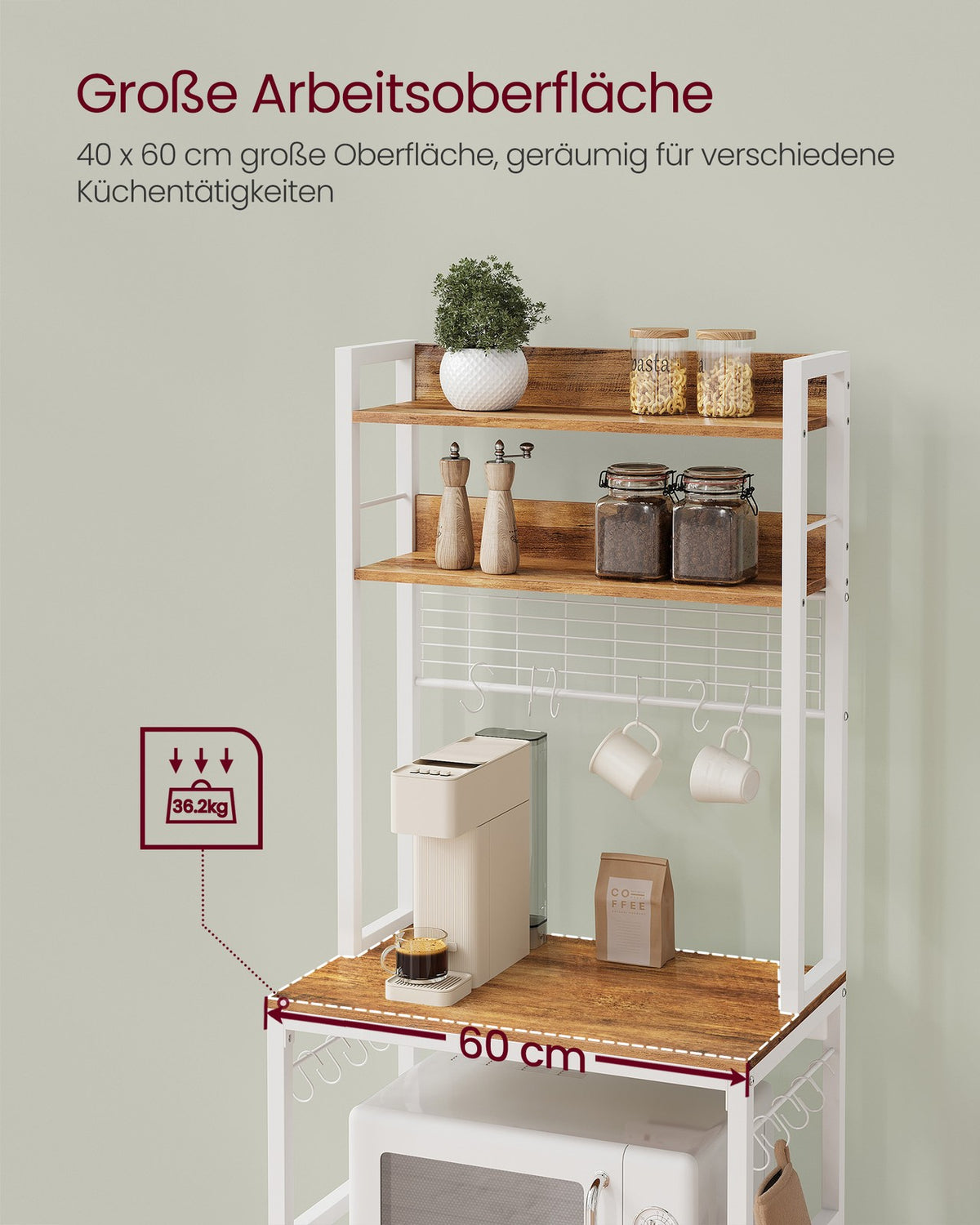 Stojąca półka kuchenna z 14 hakami orzechowo-biała