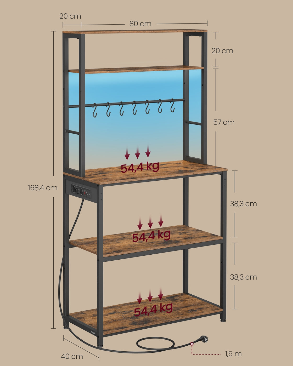 Półka kuchenna z LED 40x80x168 cm brązowa i czarna