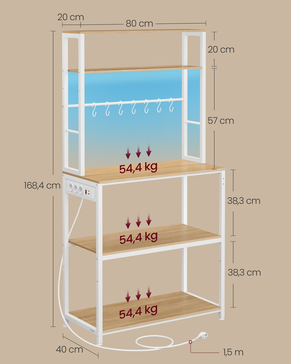 Półka kuchenna z LED 40x80x168 cm dąb z bielą